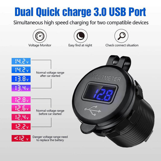 Quick Charge Aluminum QC3.0 Dual USB Car Charger with LED Voltage Display & Switch Button - Emprize360